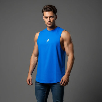 Man wearing blue sleeveless gym tank top - AresFit
