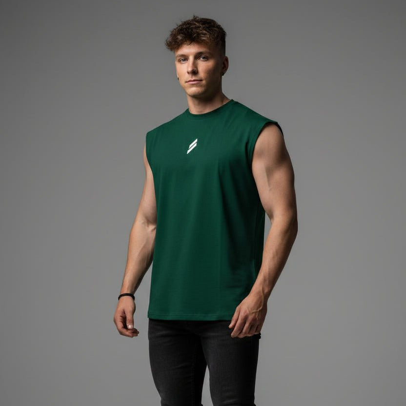Man wearing dark green sleeveless gym tank top - AresFit
