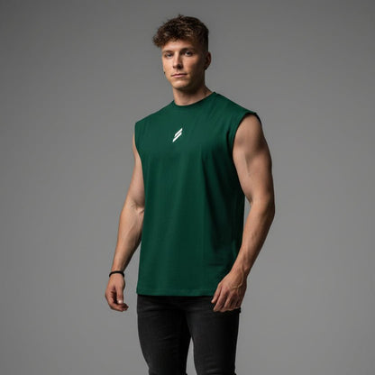 Man wearing dark green sleeveless gym tank top - AresFit