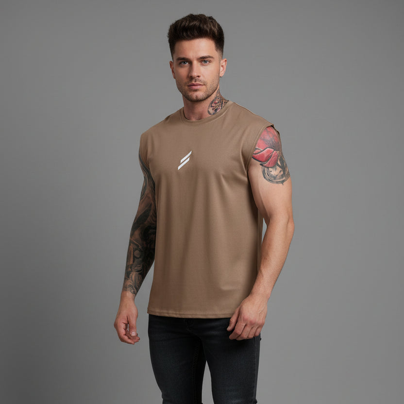 Man wearing khaki sleeveless gym tank top - AresFit