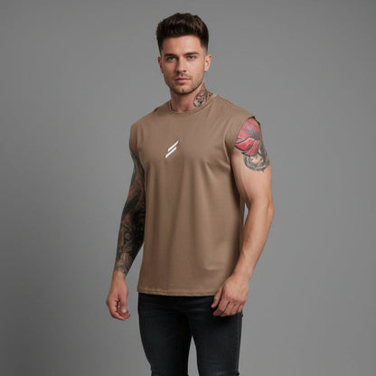 Man wearing khaki sleeveless gym tank top - AresFit