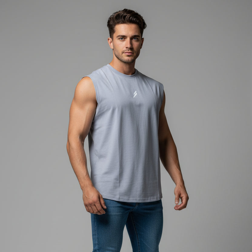 Man wearing light grey sleeveless gym tank top - AresFit