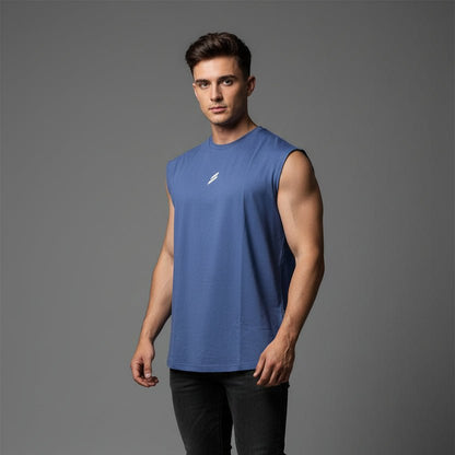 Man wearing navy sleeveless gym tank top - AresFit