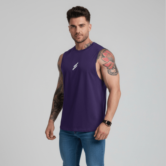 Man wearing purple sleeveless gym tank top - AresFit