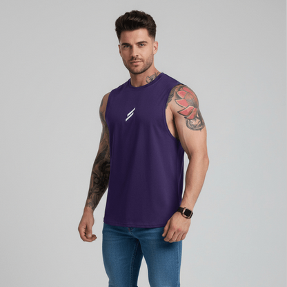 Man wearing purple sleeveless gym tank top - AresFit