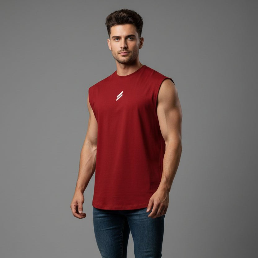 Man wearing red sleeveless gym tank top - AresFit