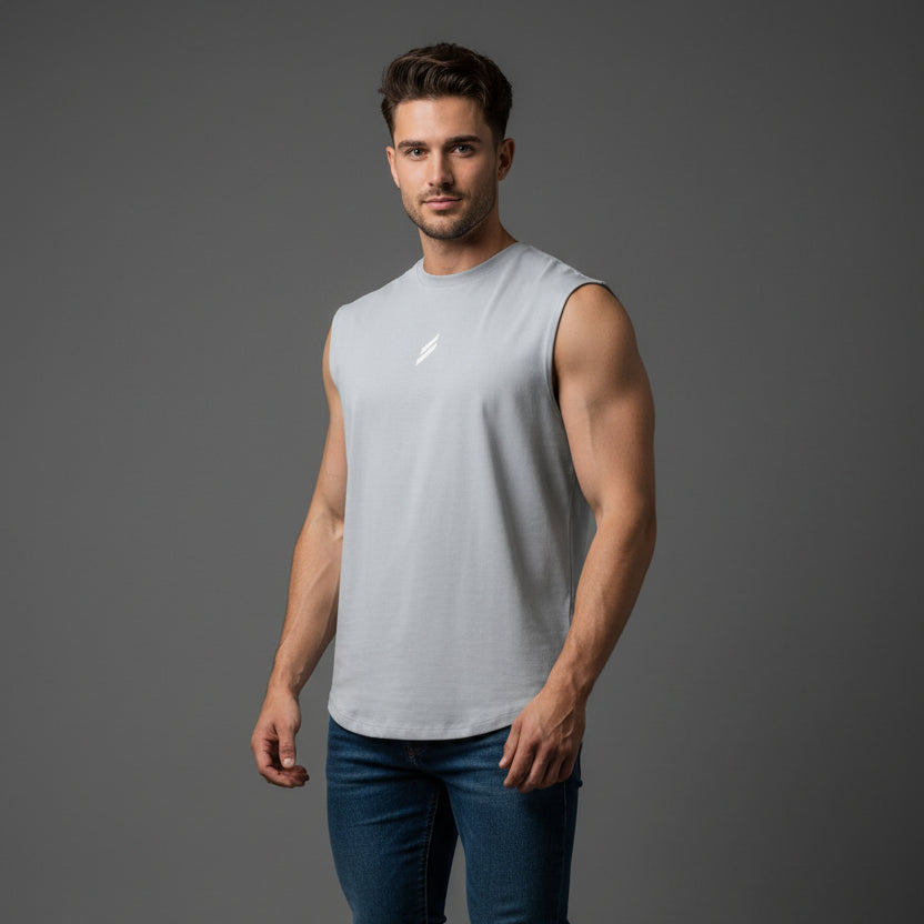 Man wearing white sleeveless gym tank top - AresFit