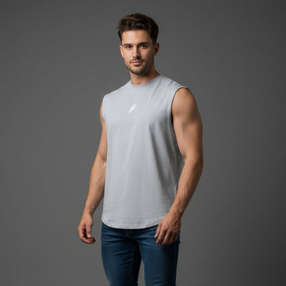 Man wearing white sleeveless gym tank top - AresFit