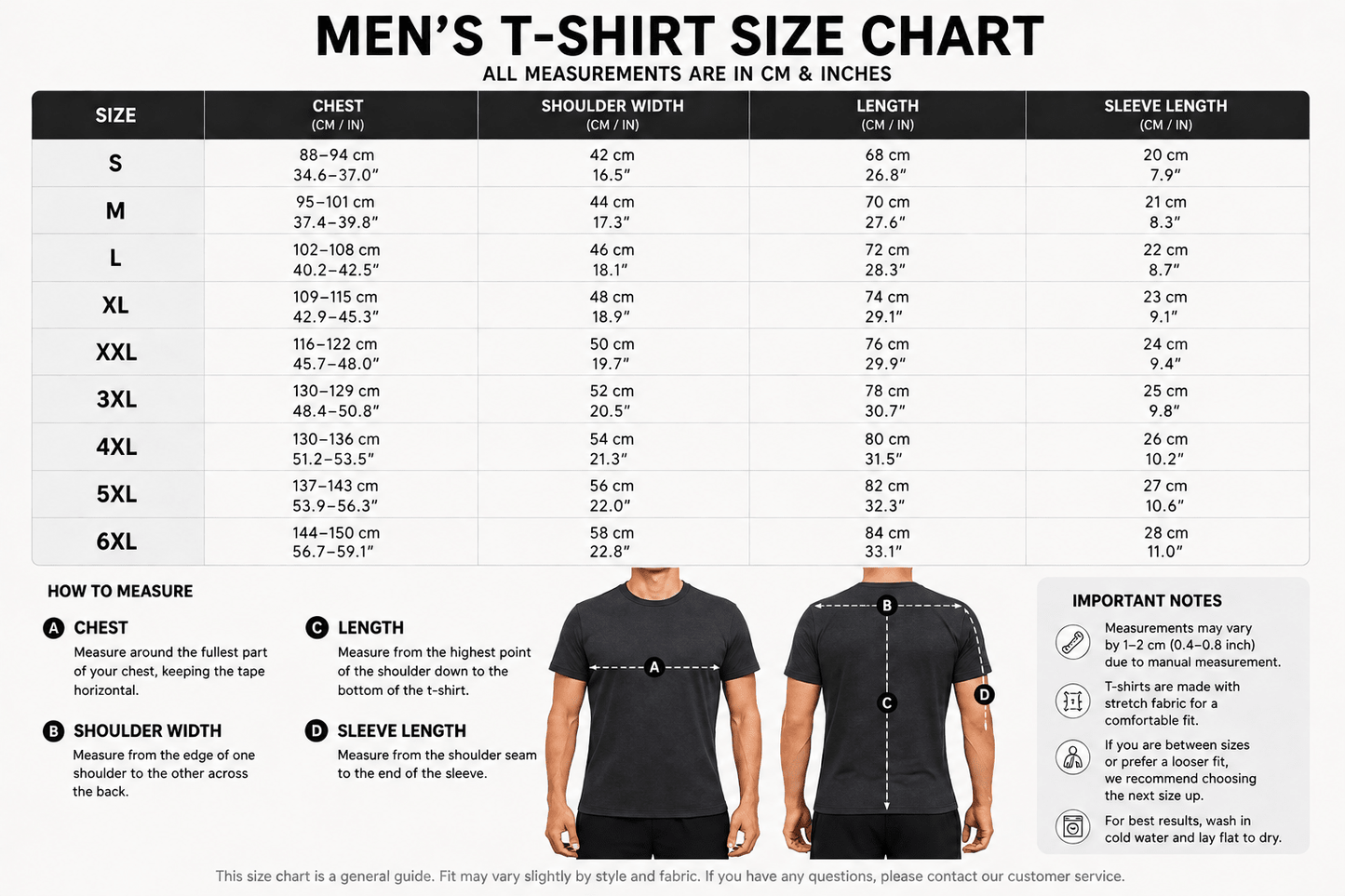 Men's t-shirt size chart showing chest, shoulder width, length and sleeve measurements from S to 6XL - AresFit