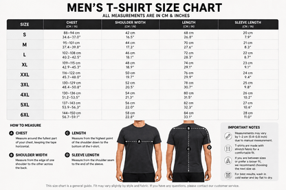 Men's t-shirt size chart showing chest, shoulder width, length and sleeve measurements from S to 6XL - AresFit