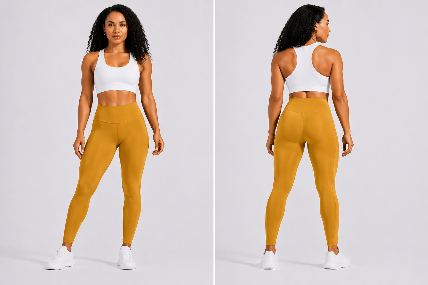 Woman wearing mustard yellow leggings and a white top on a gray background - Aresfit