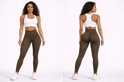 Woman wearing olive green leggings and a white sports bra on a white background - Aresfit