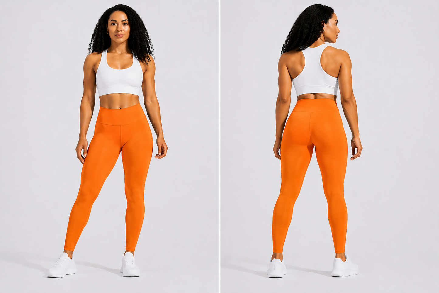 Woman wearing orange leggings and a white top, shown from front and back on a light gray background - Aresfit