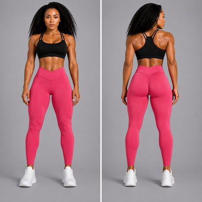 Woman wearing pink leggings and black sports bra, shown from front and back on a gray background - Aresfit