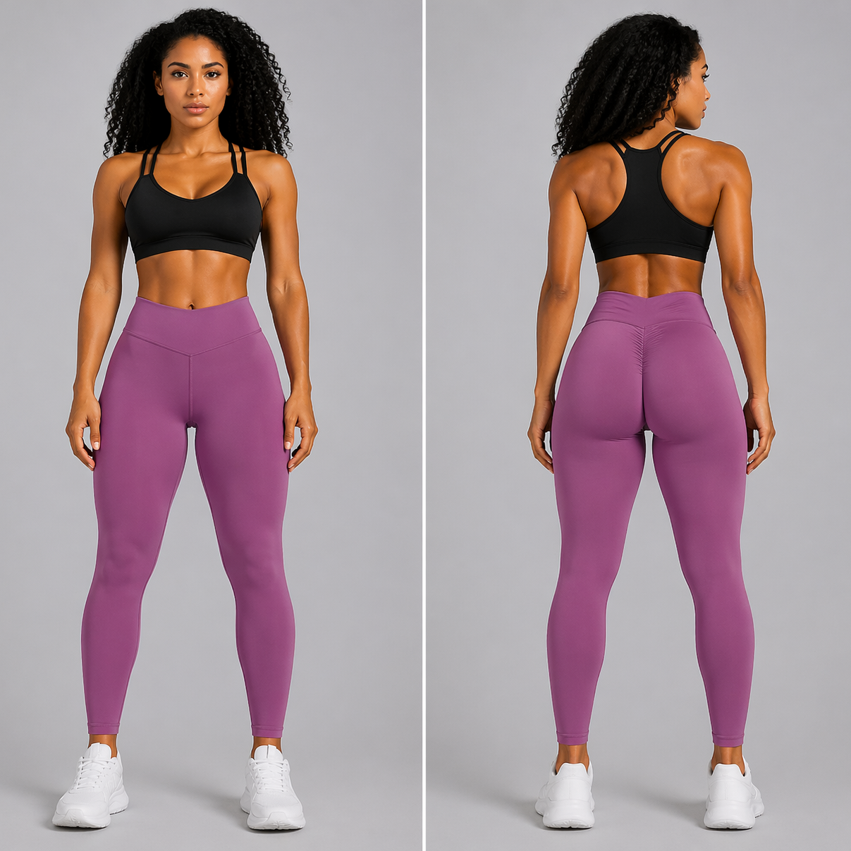 Woman wearing purple leggings and black sports bra, shown from front and back on a gray background - Aresfit