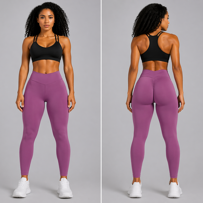 Woman wearing purple leggings and black sports bra, shown from front and back on a gray background - Aresfit