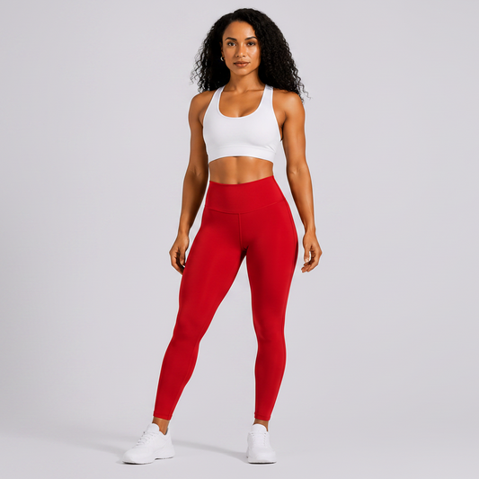 Woman wearing red leggings and a white sports bra on a gray background - Aresfit