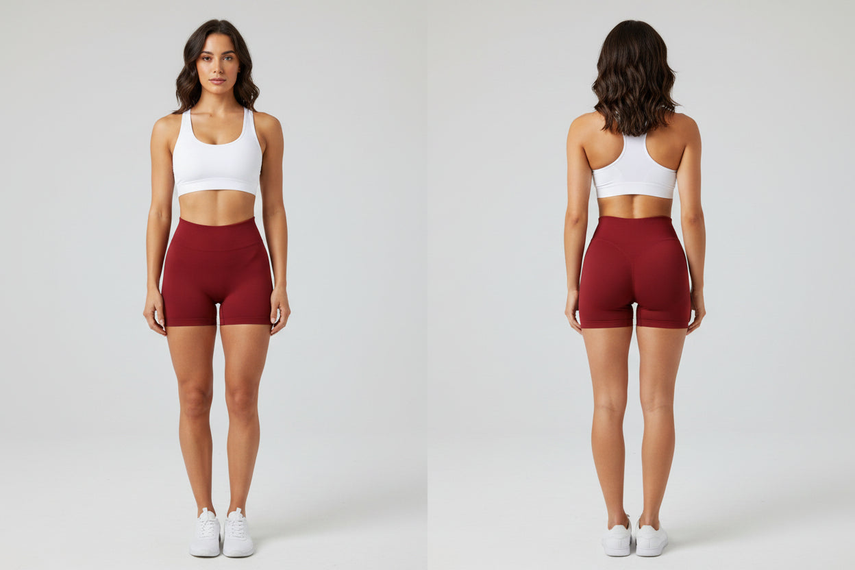 Red high-waisted scrunch butt shorts on a white background - Aresfit