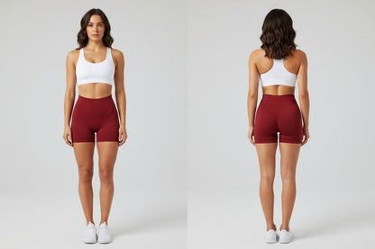 Red high-waisted scrunch butt shorts on a white background - Aresfit