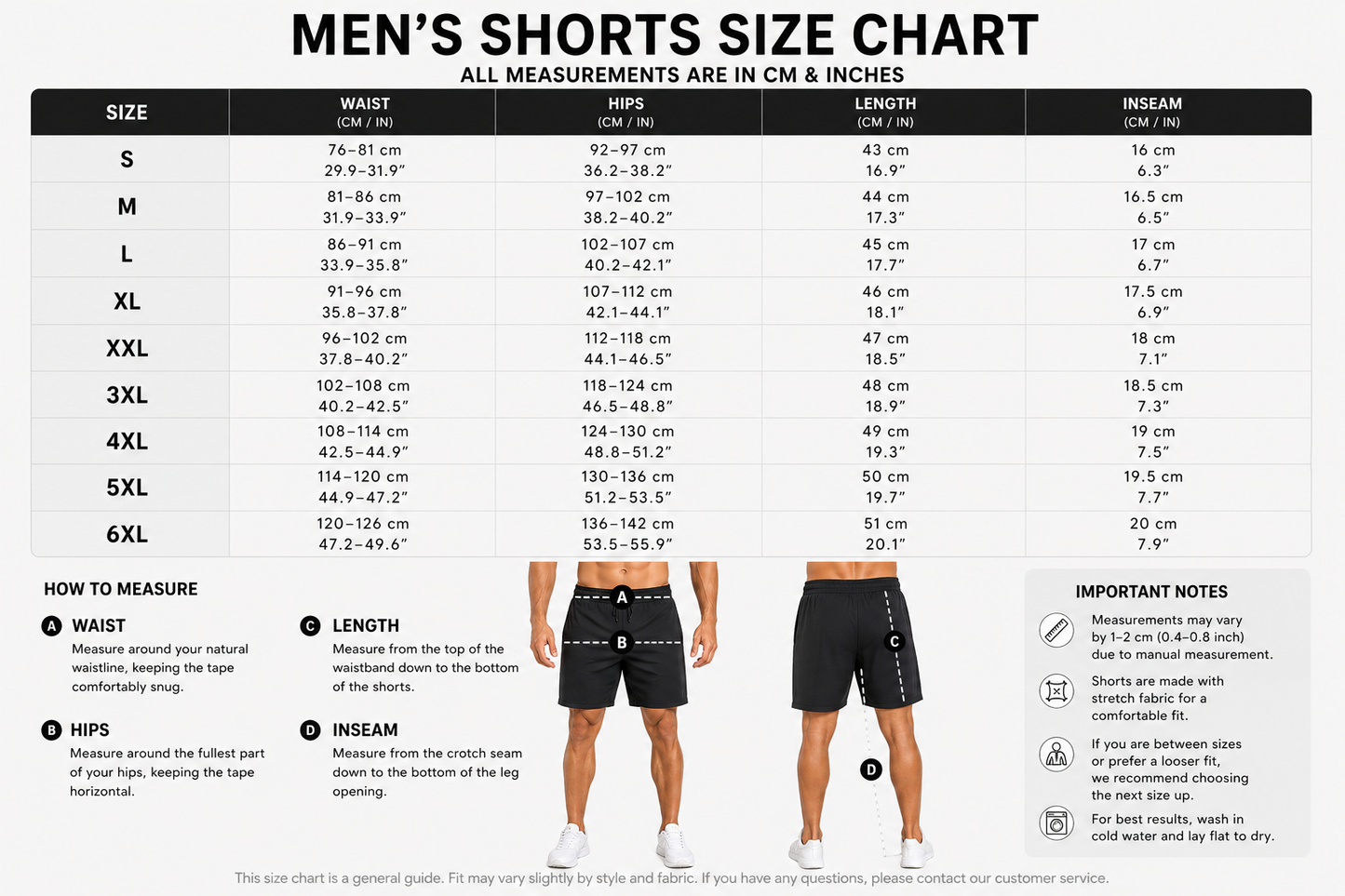 men´s shorts size chart with man wearing shorts