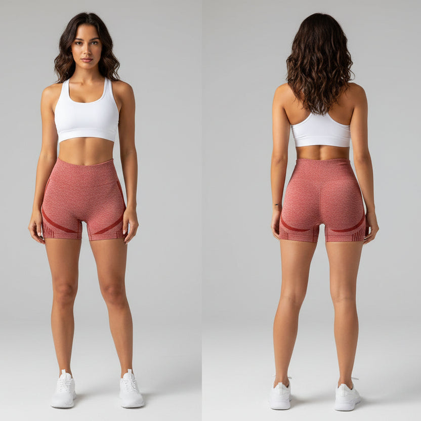 Red high-waisted shorts worn by a person on a light gray background - Aresfit