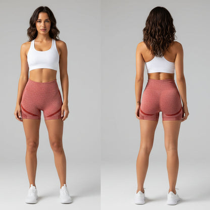 Red high-waisted shorts worn by a person on a light gray background - Aresfit