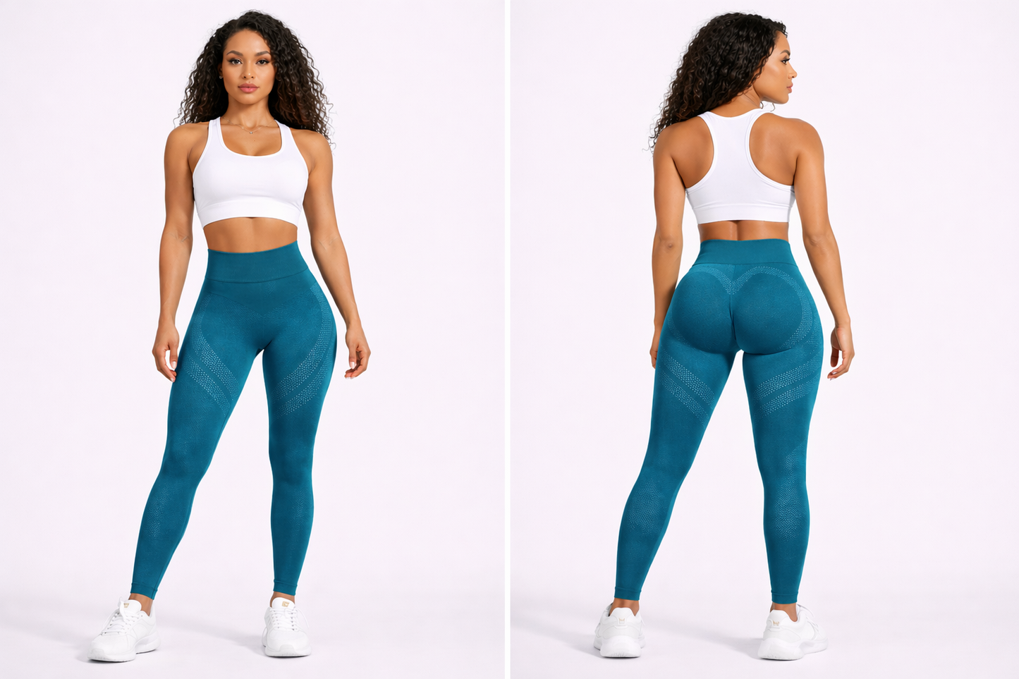 Woman wearing teal leggings and a white sports bra, shown from front and back on a white background - Aresfit