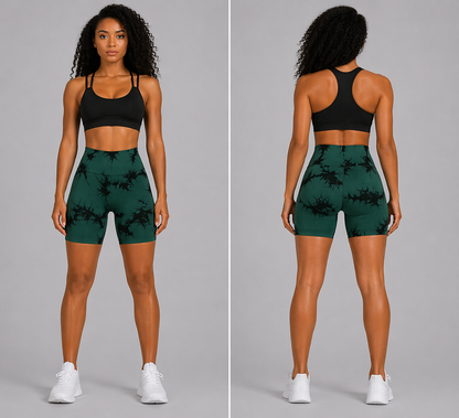 Woman wearing a black sports bra and green patterned shorts on a gray background - Aresfit
