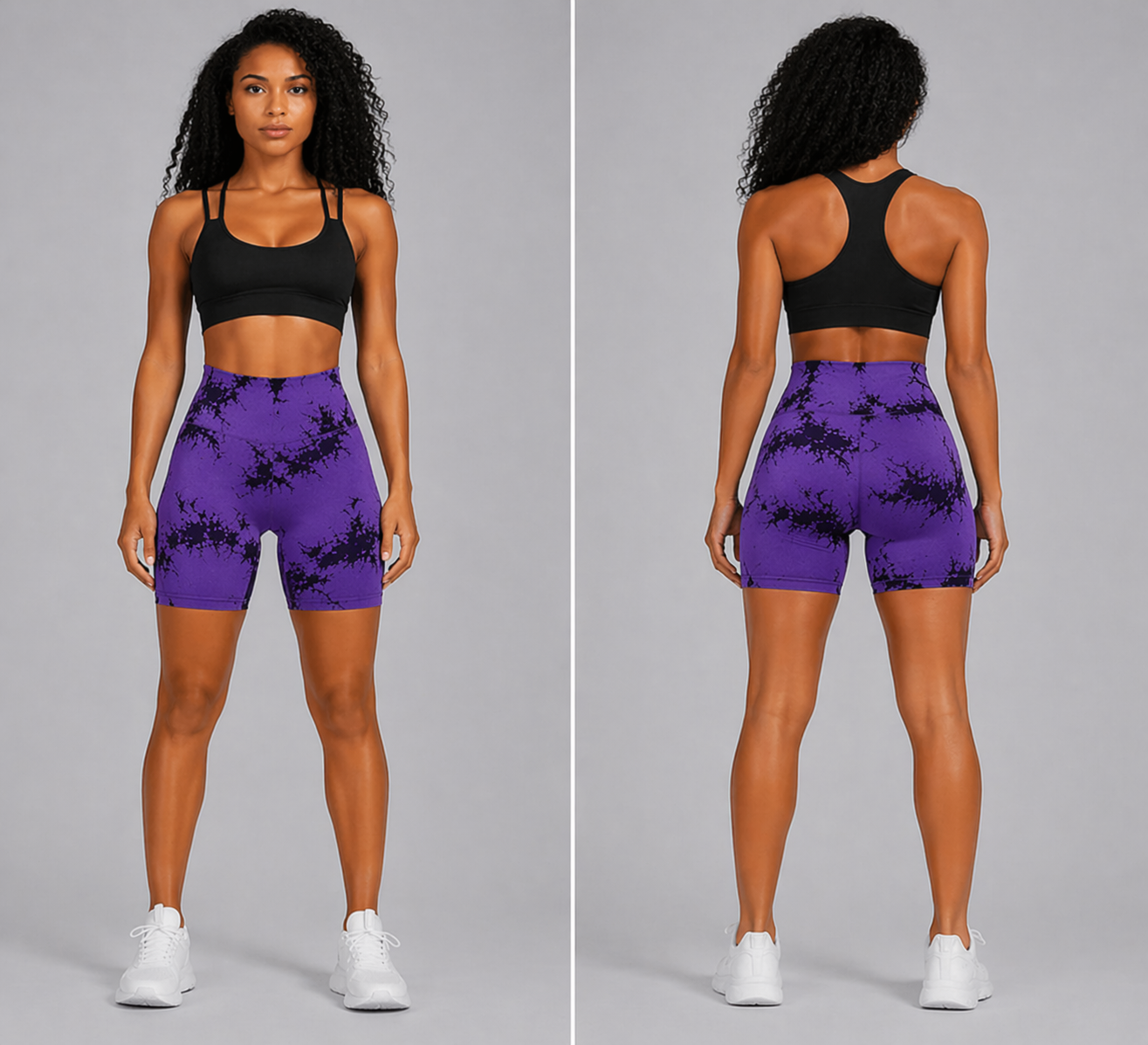 Woman wearing a black sports bra and purple shorts with black floral pattern, shown from front and back on a gray background - Aresfit