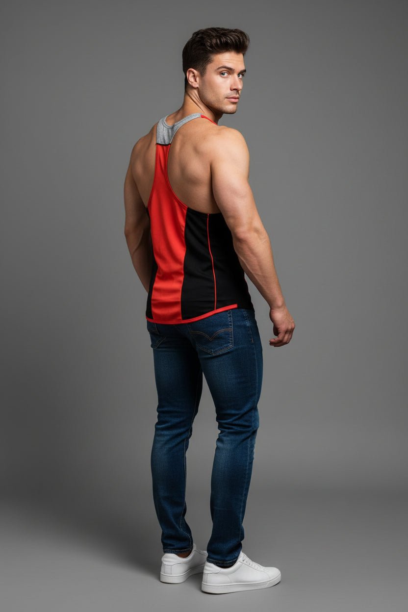 Man wearing a black and red tank top with blue jeans on a gray background