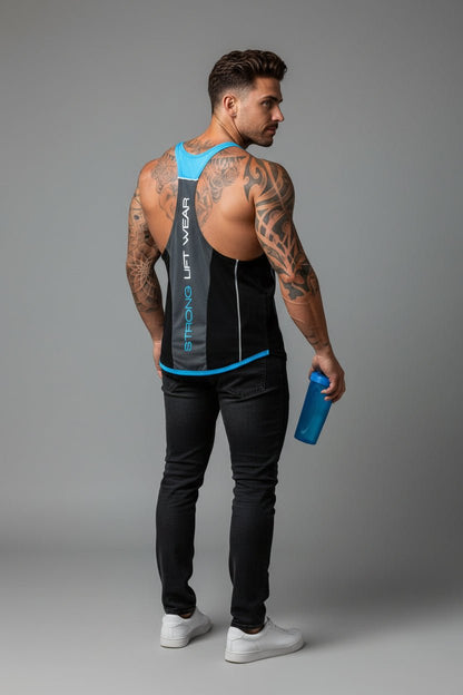 Man wearing a black tank top with blue accents and black pants, holding a blue water bottle on a gray background.