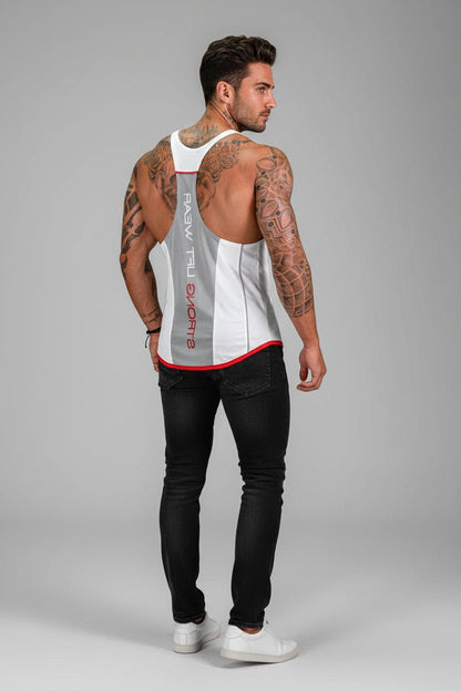 Man wearing a sleeveless shirt with branding on a gray background