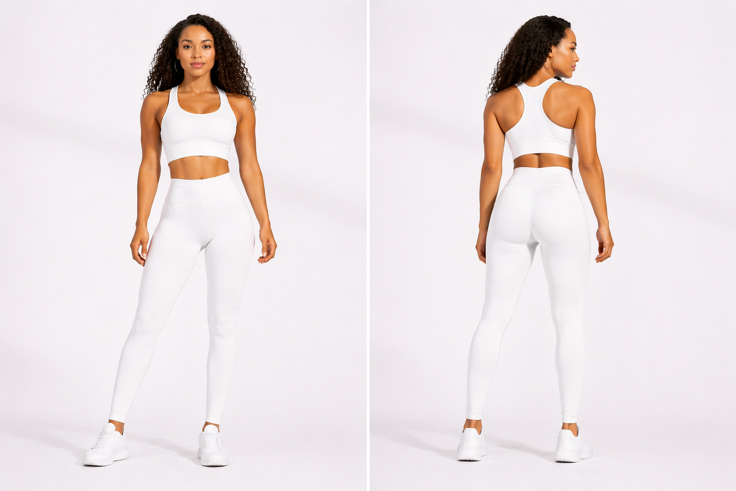 Woman wearing a white athletic outfit on a plain background - Aresfit