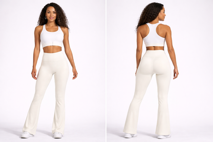 Woman wearing a white athletic outfit on a white background - Aresfit