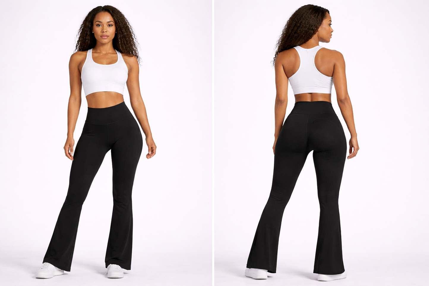 Woman wearing a white crop top and black flared pants on a white background