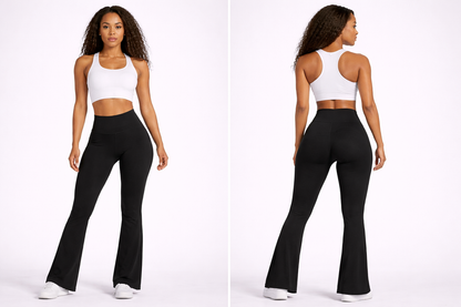 Woman wearing a white crop top and black flared pants on a white background