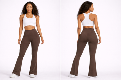 Woman wearing a white crop top and brown flared pants on a white background - Aresfit
