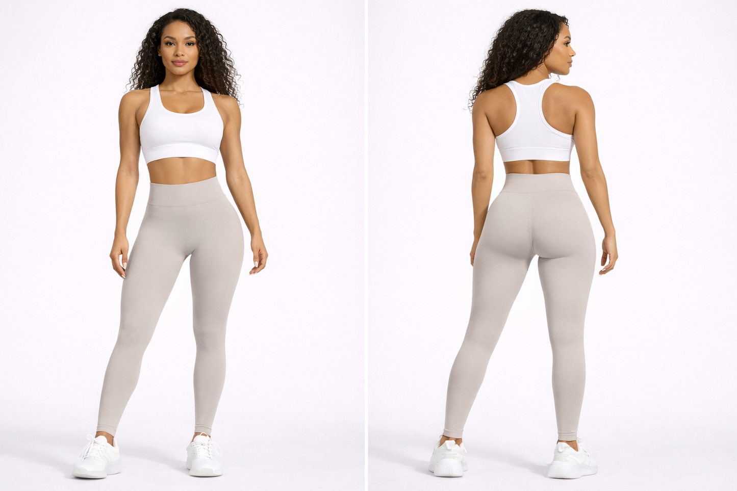 Woman wearing a white sports bra and beige leggings on a white background - Aresfit