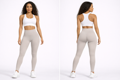 Woman wearing a white sports bra and beige leggings on a white background - Aresfit