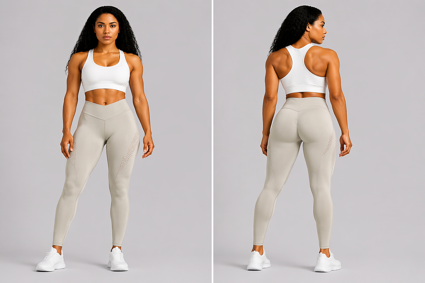 Woman wearing a white sports bra and beige leggings on a gray background - Aresfit