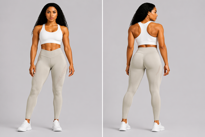 Woman wearing a white sports bra and beige leggings on a gray background - Aresfit