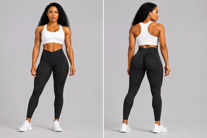 Woman wearing a white sports bra and black leggings on a gray background - Aresfit