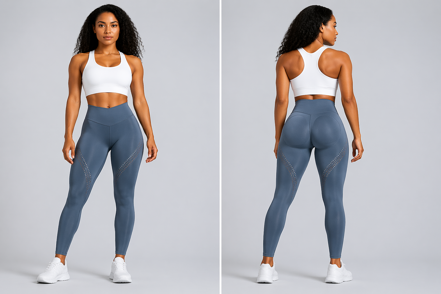 Woman wearing a white sports bra and blue leggings on a gray background - Aresfit