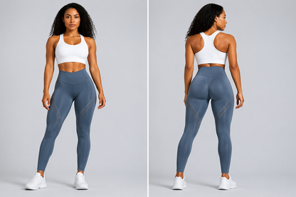 Woman wearing a white sports bra and blue leggings on a gray background - Aresfit