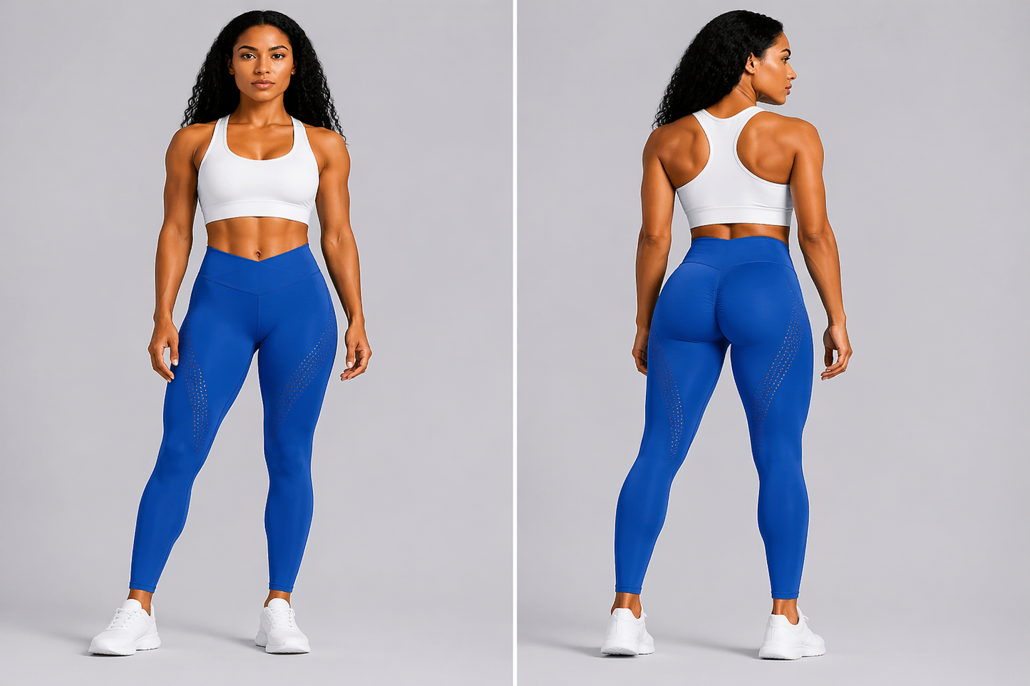 Woman wearing a white sports bra and blue leggings on a gray background - Aresfit