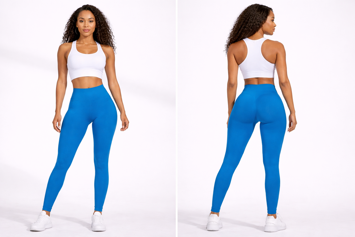 Woman wearing a white sports bra and blue leggings on a white background - Aresfit