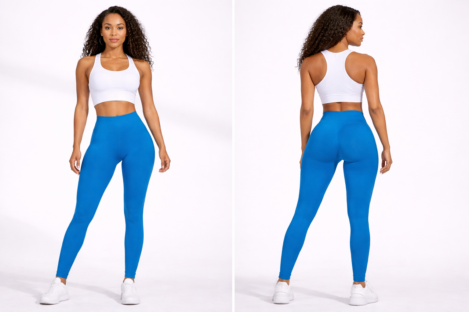 Woman wearing a white sports bra and blue leggings on a white background - Aresfit