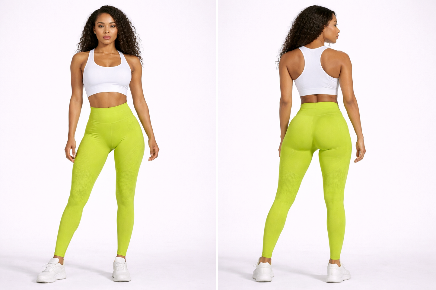 Woman wearing a white sports bra and bright green leggings on a white background - Aresfit