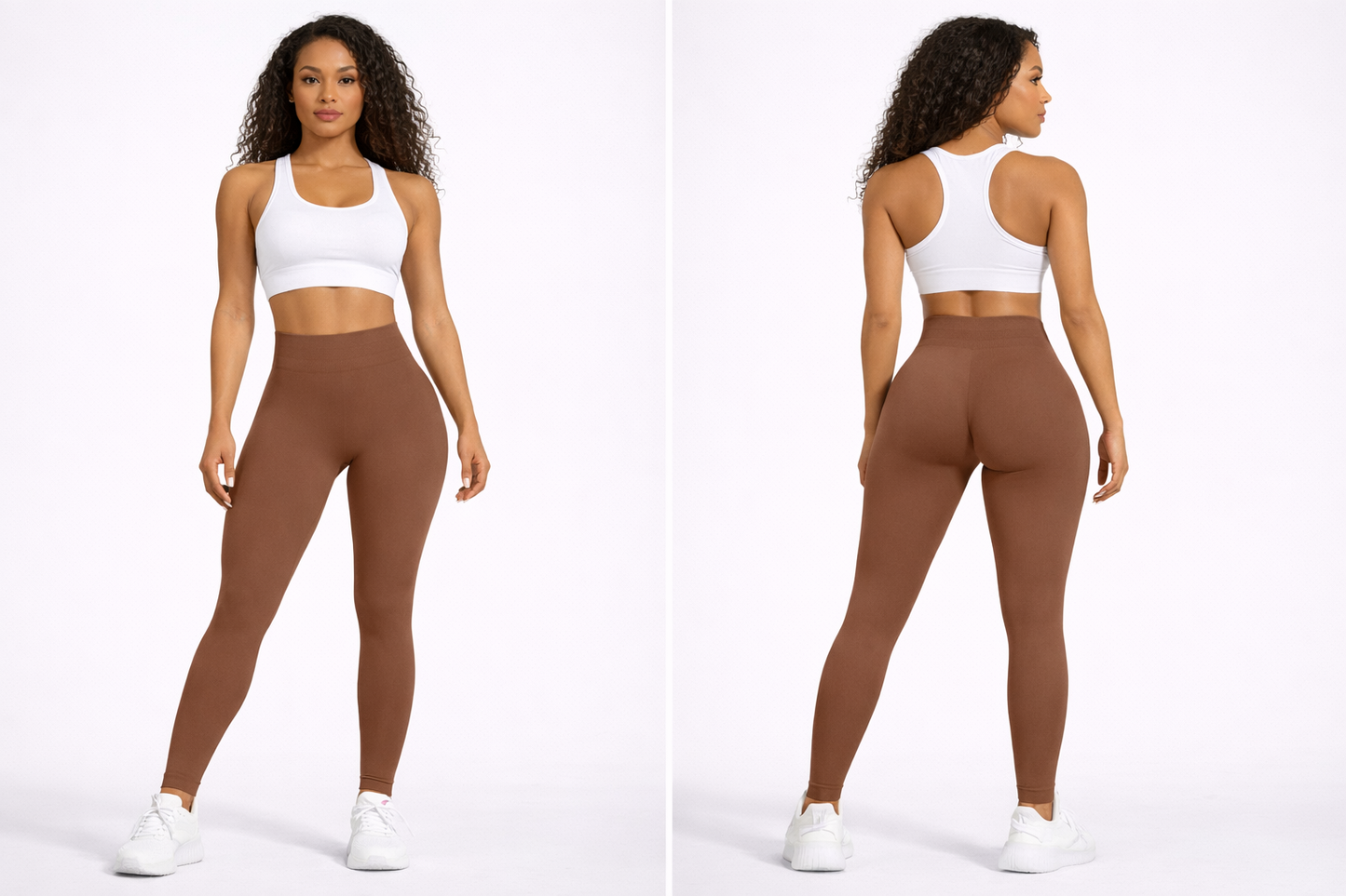 Woman wearing a white sports bra and brown leggings on a white background - Aresfit