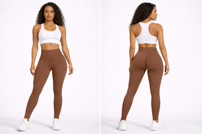 Woman wearing a white sports bra and brown leggings on a white background - Aresfit
